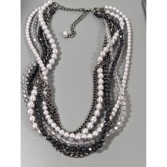 Premier Designs Main Event Necklace Gray Black Bead Multi Chain Faux Pearl 22" - Picture 2 of 9